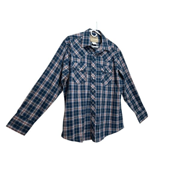 Wrangler Western Button Down Tshirt Womens Large Blue Plaid Pearl Snap Cowgirl - Picture 14 of 16